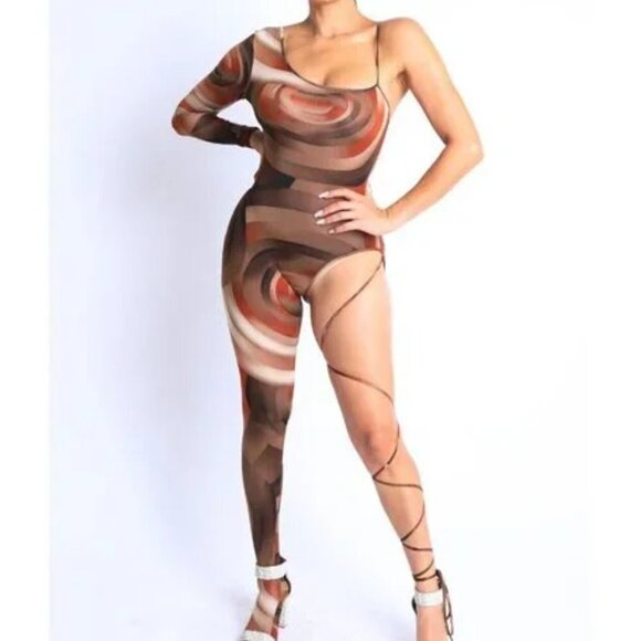 Paint Printed One Sleeve One Leg Tie Detailed Jumpsuit Sexy Jumpsuit
New - Picture 4 of 9